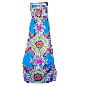 🎀🌷 Beautiful Sky Blue Geometric Pattern Multicolour Strapless Tube Maxi Dress 🌷🎀